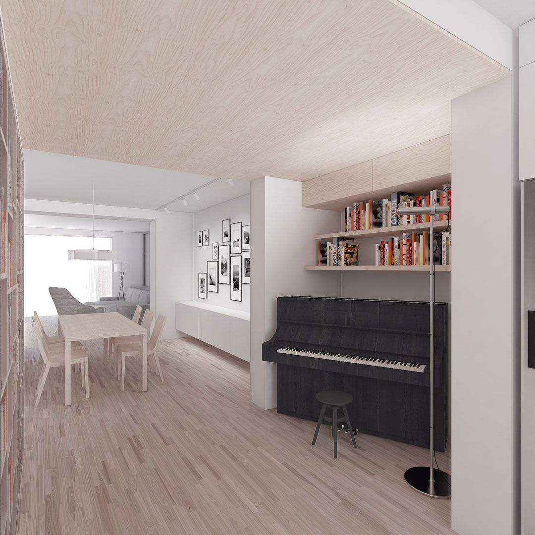 Vizualizace zákoutí s knihovnou a jídelnou ve vile v Pozlovicích