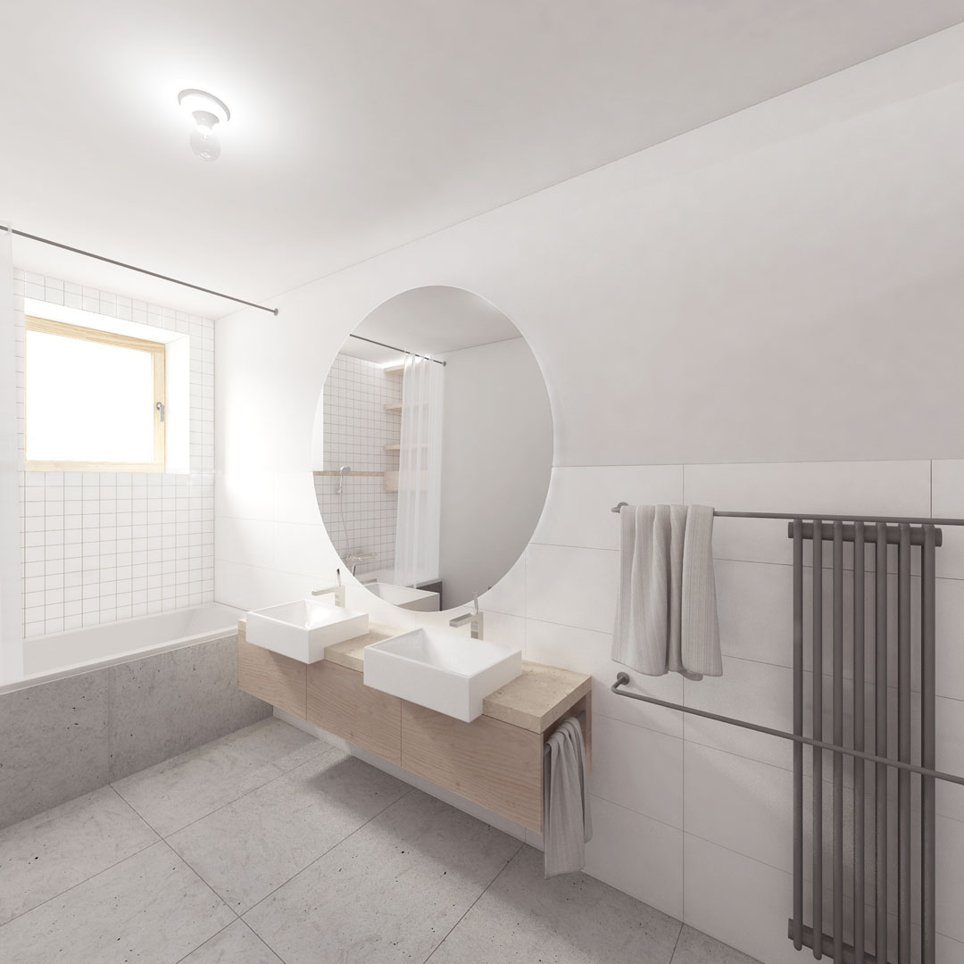 Vizualizace velké koupelny ve vile v Pozlovicích