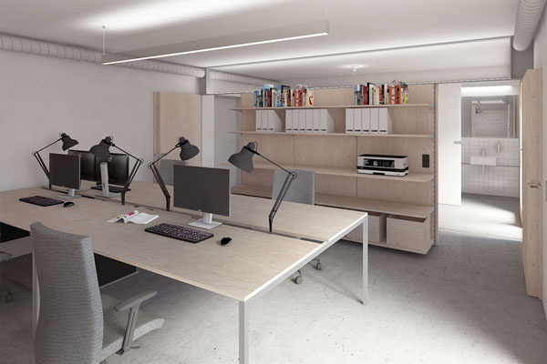 Návrh interiéru kanceláře v suterénu vily v Pozlovicích