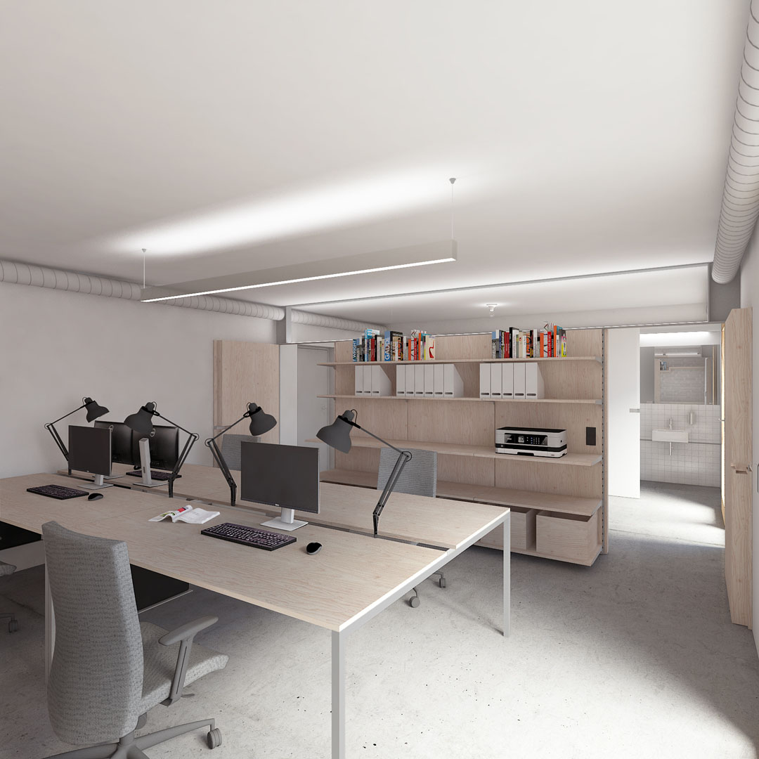 Vizualizace kanceláře a pracovního místa v suterénu vily v Pozlovicích