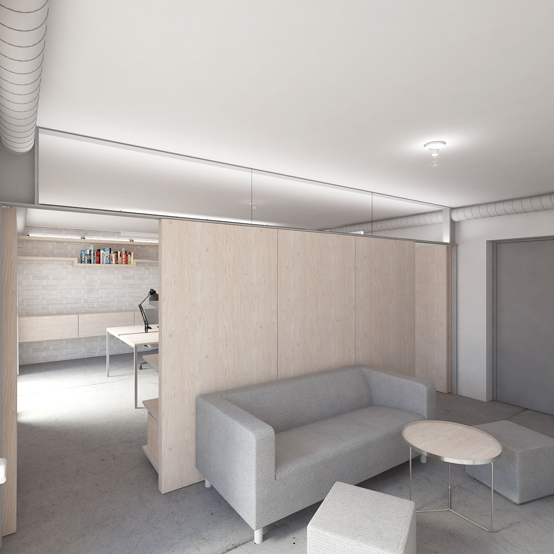 Vizualizace vstupního prostoru s jednacím místem před kanceláří