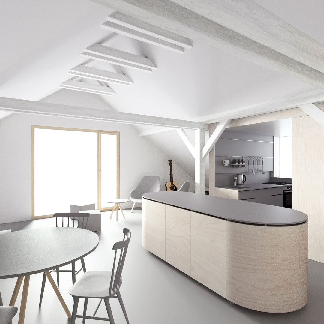 Vizualizace interiéru s pohledem na hlavní obytný prostor a kuchyňský kout v podkroví