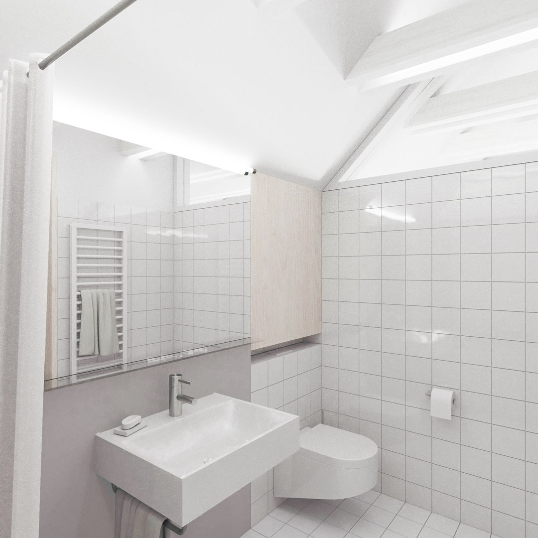 Vizualizace koupelny bytu v podkroví vily v Pozlovicích