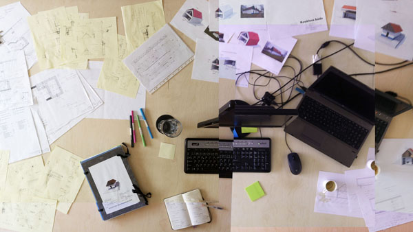 Pracovní stůl s návrhem objektu vinohradnické búdy ve Vlčnově